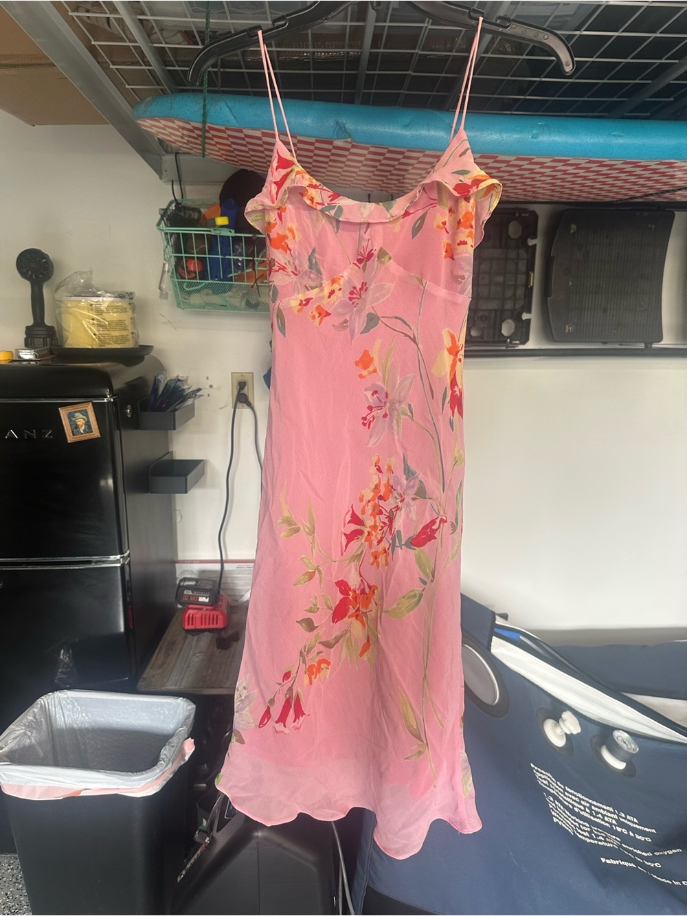 100% silk Pink Floral Slip Dress with Ruffle Neckline
